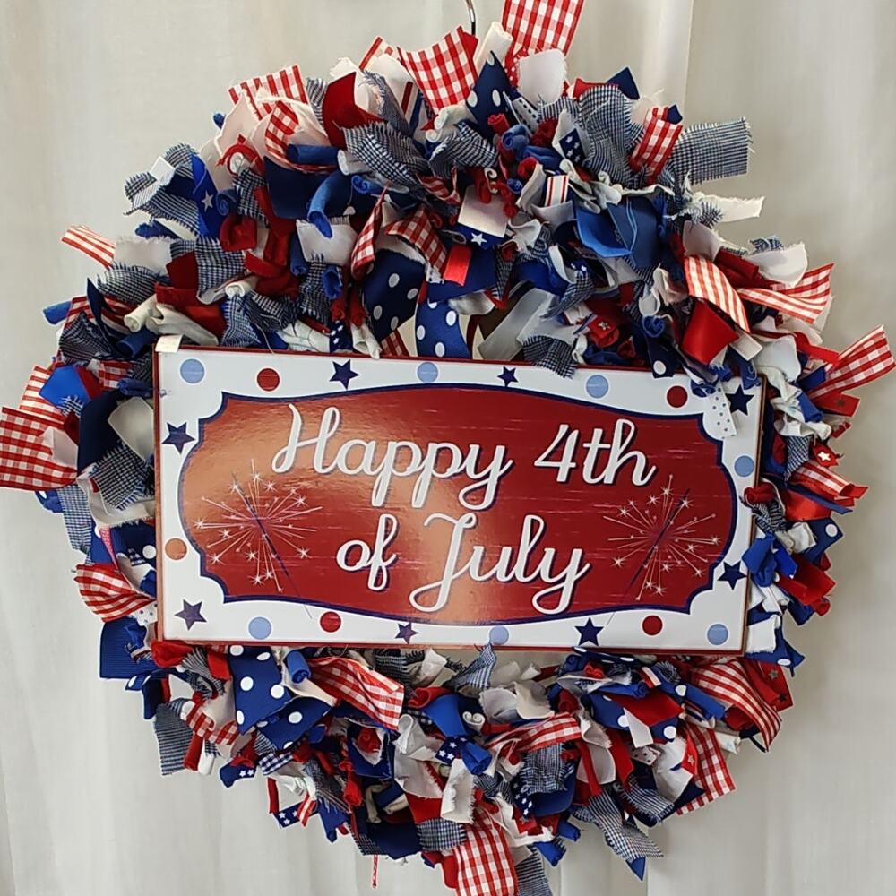 Happy 4th of July Handcrafted Rag & Ribbon Wreath, 16" diameter